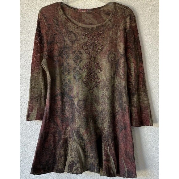 Cactus Boho Women’s Tunic Shirt Scoop Neck Top Flared Hem Long Sleeve - Picture 1 of 10